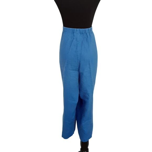 Vintage 100% Linen Wide Leg Trousers Crop Blue Elastic Waist Pedal Pushers 18W - Picture 3 of 13
